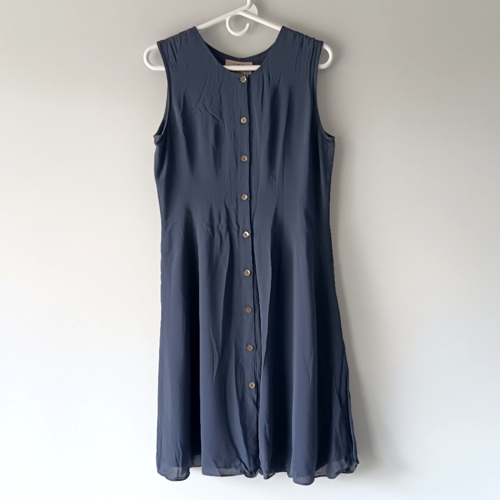AKA Eddie Bauer Dress Lined Sleeveless Button Front A-line Steel Blue 8 Tall